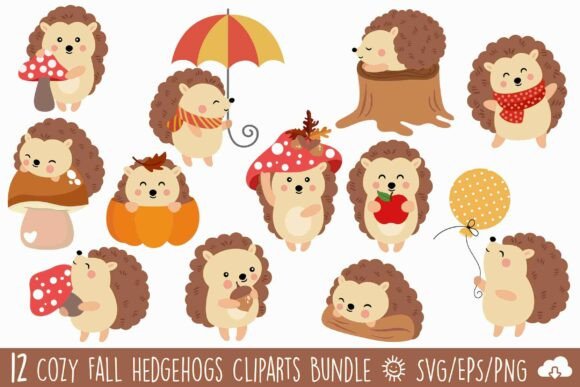 Cute Fall Hedgehog Vector Clipart Bundle