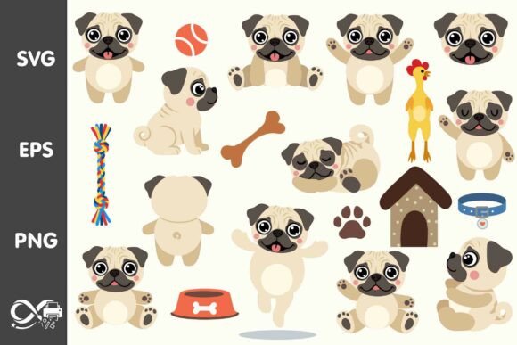 Cute Pug Puppy Vector Clipart Bundle
