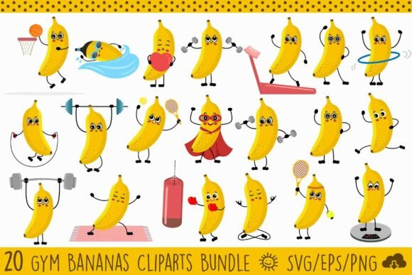 Funny Gym Bananas Clipart Vector Bundle
